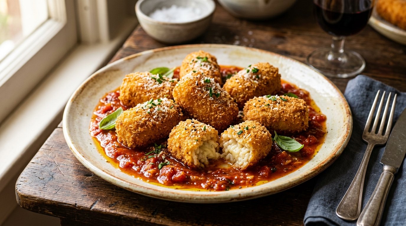 Croquetas de arroz en salsa de tomate